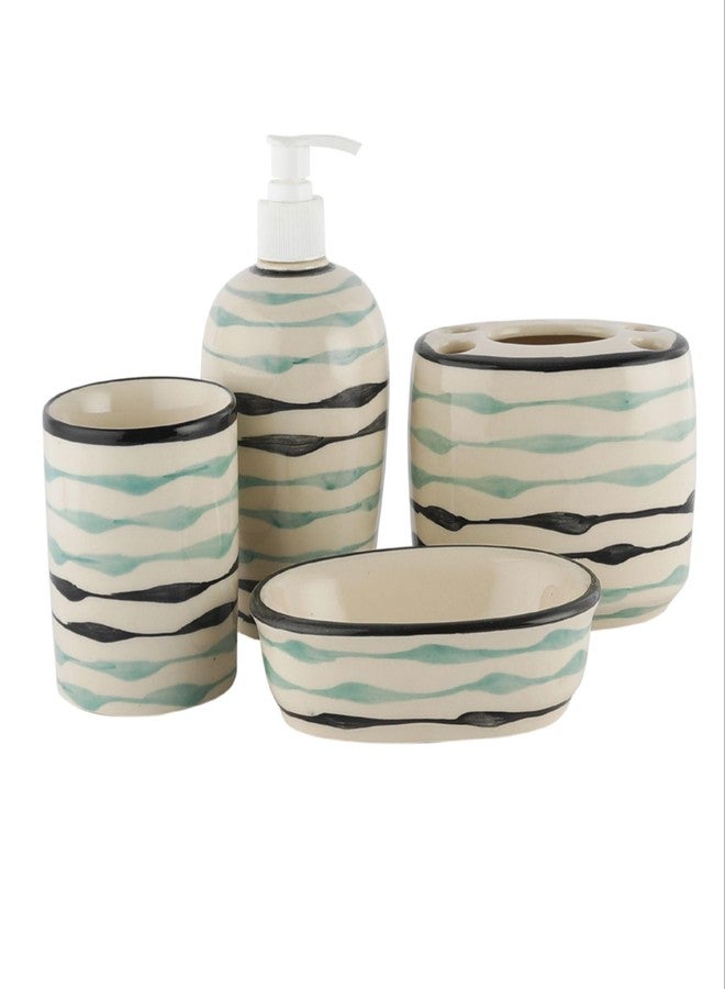 VarEesha Mugdha Off-White Hand-Painted Ceramic Bath Set of 4 Pieces | Liquid Soap Dispenser, Tumbler, Toothbrush Holder & Soap Tray | Bathroom Accessories, Bathroom Décor - Image 2
